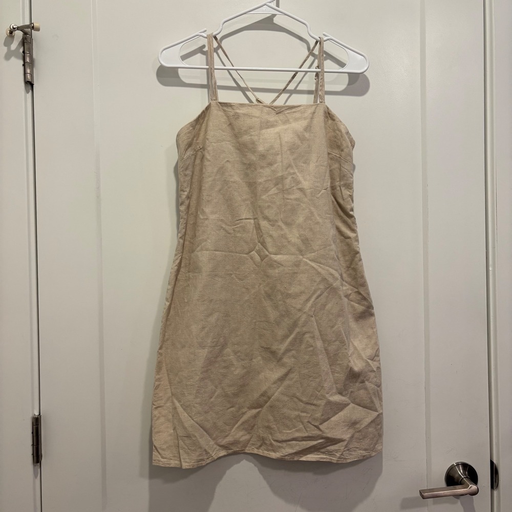 HM Linen Blend Mini Dress Beige Sleeveless Cross Back Straps 0980238 S